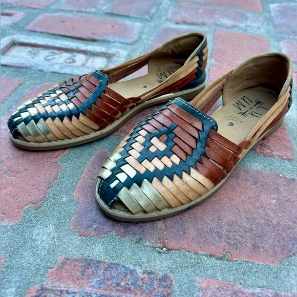 Woven Huarache Leather Sandals Size 6 Tan Black Brown Gold EUC - Picture 3 of 7